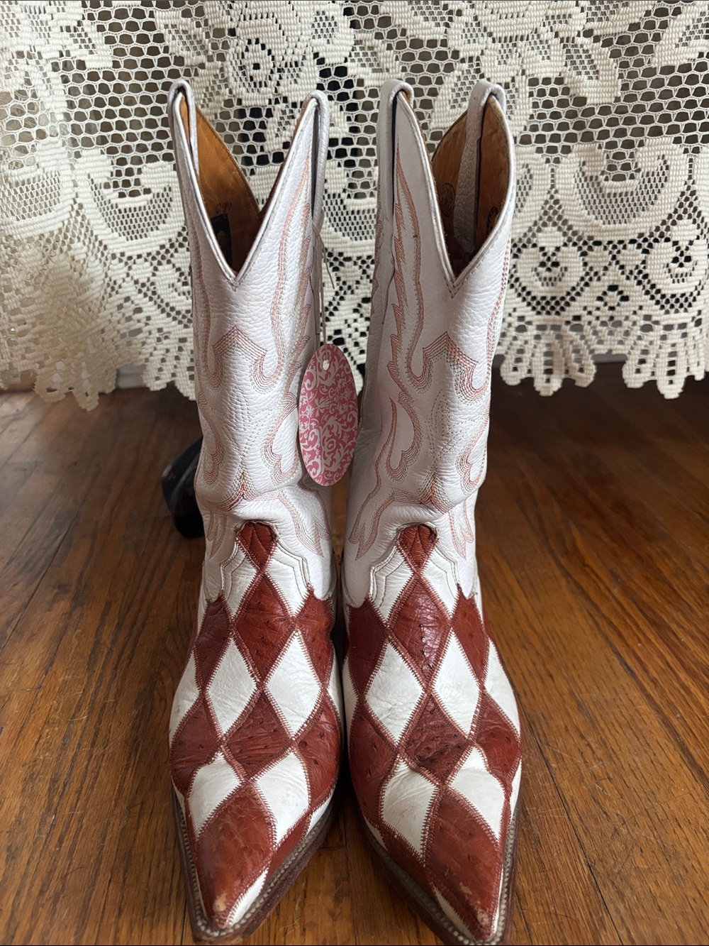 White & Brown Diamond Patch Ostrich, Leather Cowboy Boots